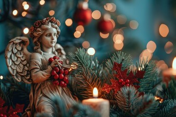 A statue of an angel holding berries and a candle, suitable for religious or holiday-themed designs