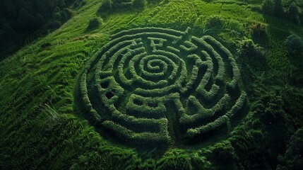 Naklejka premium Aerial view of an intricate labyrinth carved into a lush green field, the paths winding and intersecting, challenging adventurers