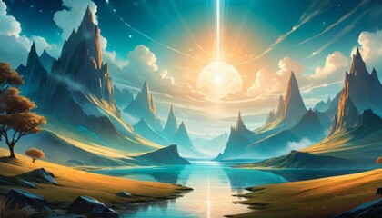 A digital fantasy landscape depicting majestic mountains under a sunset sky with a serene river leading the eye into the horizon. AI Generation