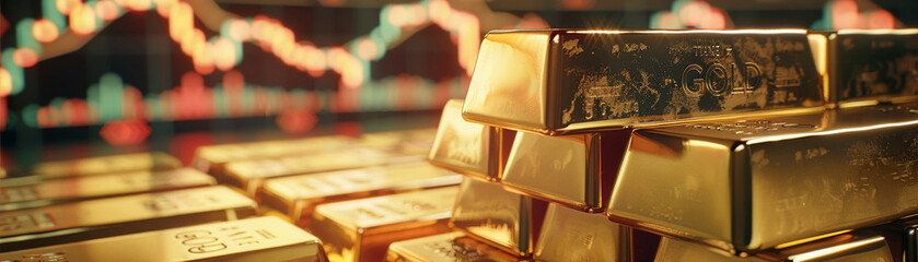 Gold bars stacked in the foreground, with a digital display of soaring prices in the background, symbolizing a market boom