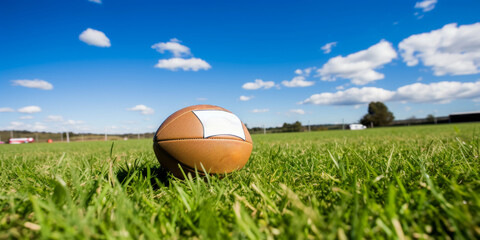 Football Lying on Fresh Green Grass Against Blue Sky