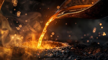 Pouring molten steel, into a socket, close up, glowing orange steel flowing from a ladle into a mold, bright sparks and intense heat creating a dramatic scene, AI