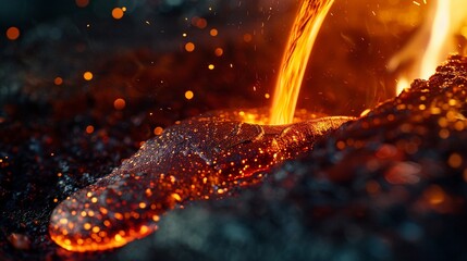 Pouring molten steel, into a socket, close up, glowing orange steel flowing from a ladle into a mold, bright sparks and intense heat creating a dramatic scene, AI