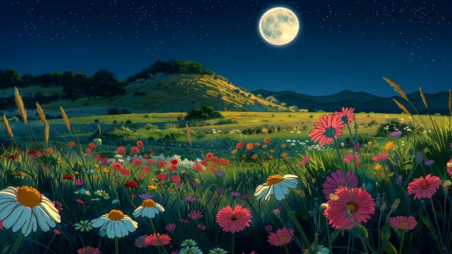 Flowers field with lake and mountain background at night. seamless looping 4k time-lapse animation video background