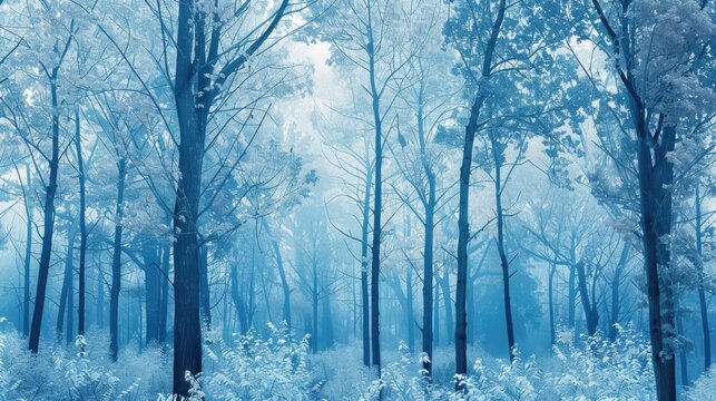 A serene image of a blue forest with tall trees. Perfect for nature backgrounds
