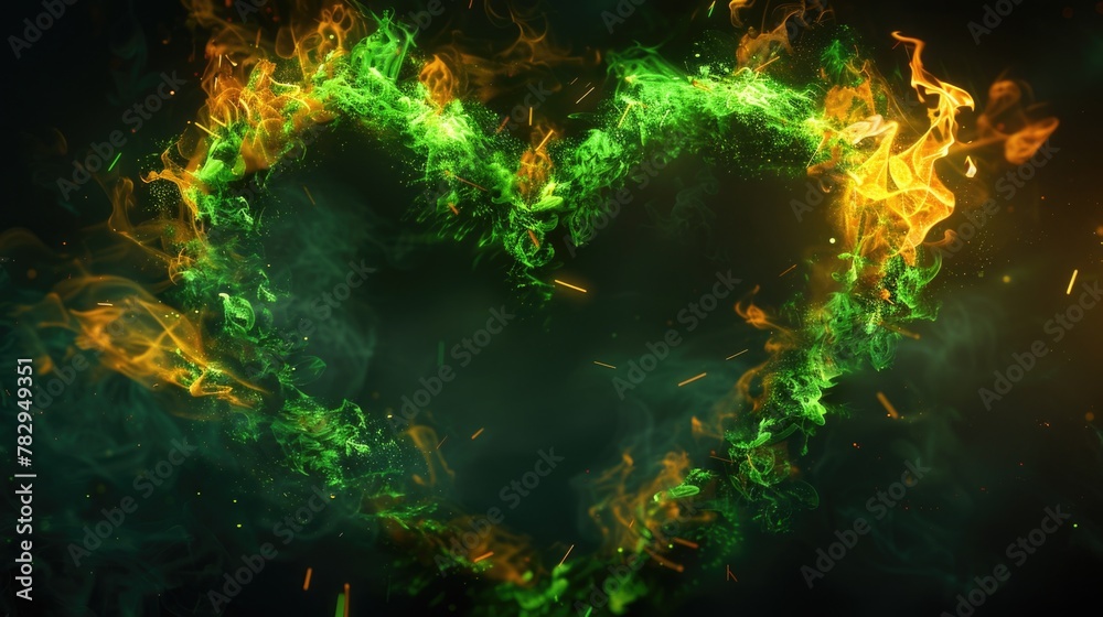Poster a heart shape created by green and yellow flames. suitable for various design projects