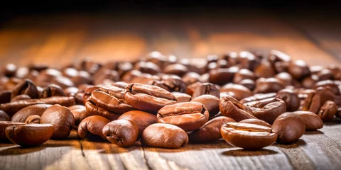 Tuinposter Fresh Roasted Coffee Beans on Wooden Surface Close-Up © smth.design