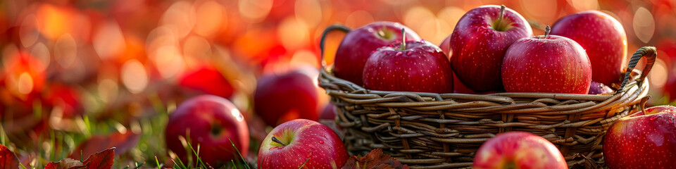 Autumn Harvest: Fresh Red Apples in Wicker Basket Among Fall Leaves - obrazy, fototapety, plakaty