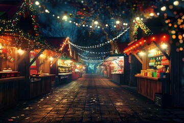 Vibrant street with Christmas lights and stalls, perfect for holiday designs