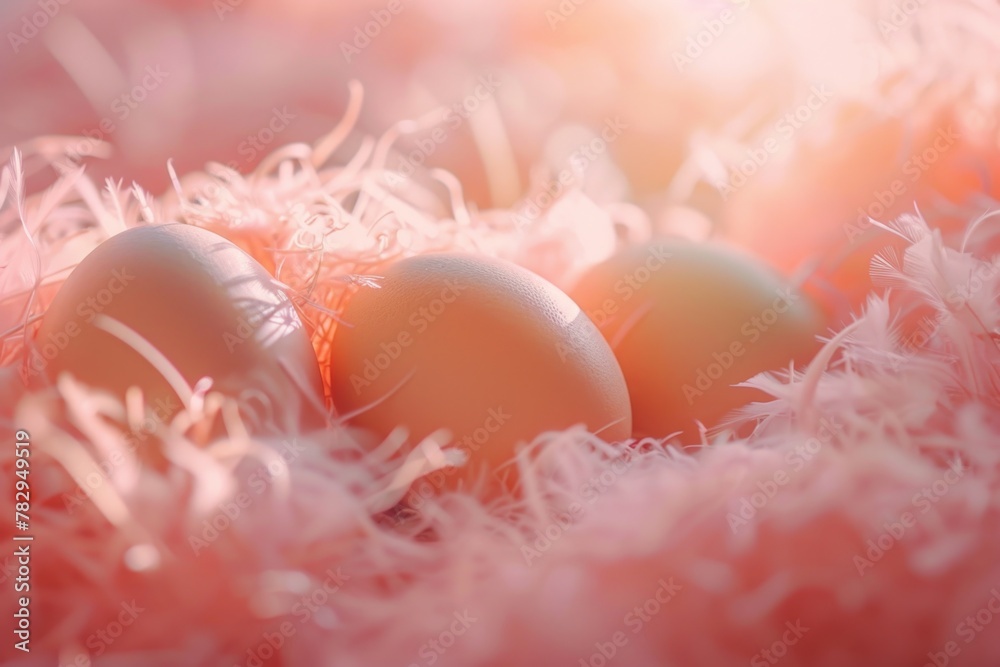 Poster Close up of three eggs in a nest. Perfect for nature and Easter concepts