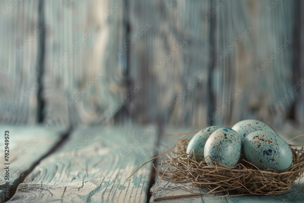 Poster three eggs in a nest on a wooden table. suitable for food and agriculture concepts
