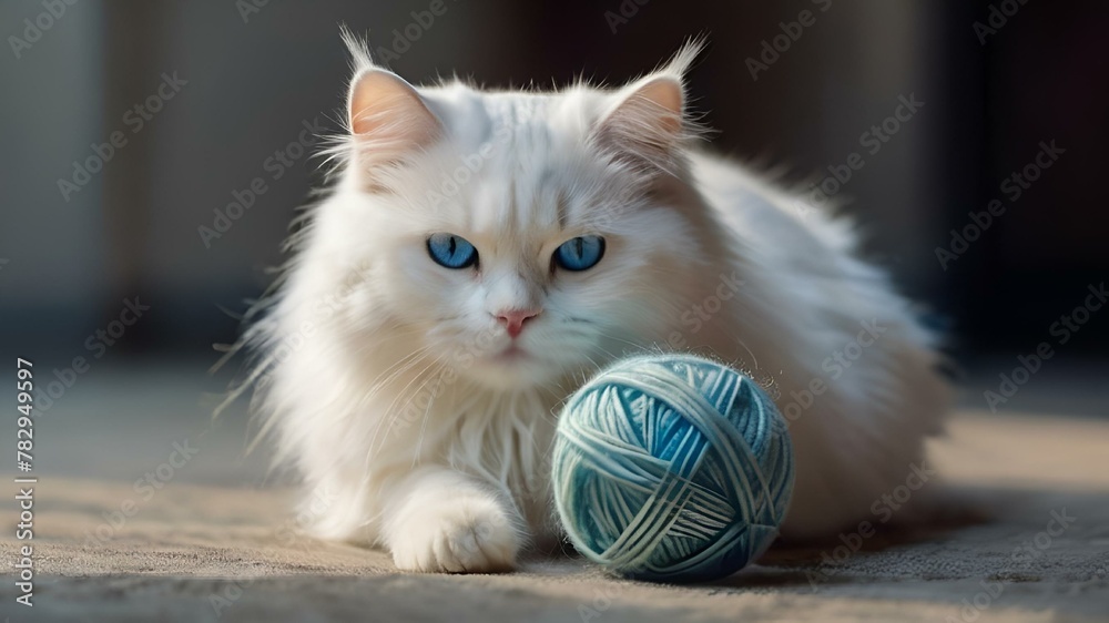 Poster AI generated illustration of a White cat with blue eyes lounging amidst multiple balls of yarn