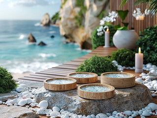 Wooden product podium, podium product display mock up over the sea and beatch, sand, shells and greenery, eco product advertisement