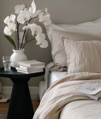 A white orchid in a white vase on a black side table near a bed with beige linen, books, and a glass of water. A minimalist home interior design of a modern bedroom in the style of modern design.