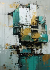 AI generated illustration of abstract blue and yellow buildings in an oil painting