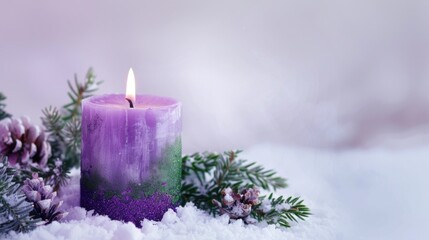 Obraz na płótnie Canvas A purple candle sitting on top of snow-covered ground. Perfect for winter and holiday concepts