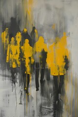AI generated illustration of an oil painting of silhouettes strolling on a yellow and black backdrop