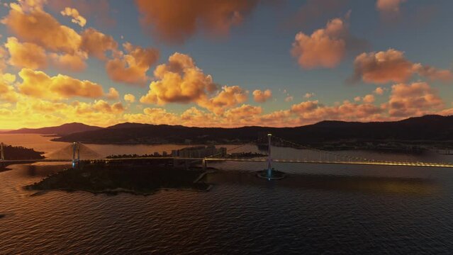 Sunset aerial view of Kap Shui Mun Bridge in Hong Kong. China