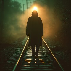 AI-generated illustration of a person walking on train tracks, seen from behind - obrazy, fototapety, plakaty