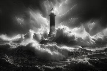 Dramatic seascape: lighthouse under severe storm in the night with lightnings, black and white illustration - obrazy, fototapety, plakaty