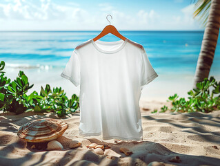 White Bella Canvas Tshirt mock up over the sea and beatch, sand, shells and greenery, eco product advertisement. Shirt