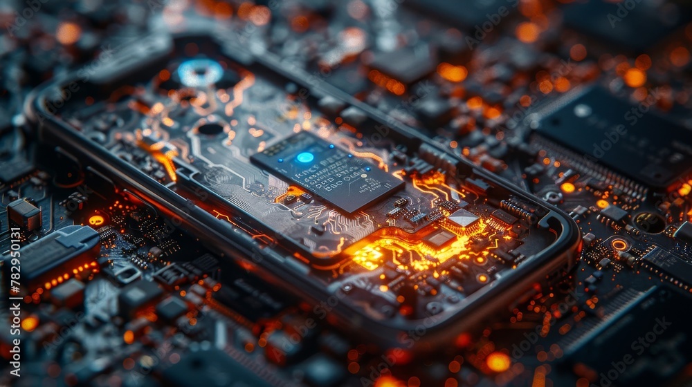 Poster the repair of a disassembled cell phone. broken smartphone, electronic components, mobile processor,