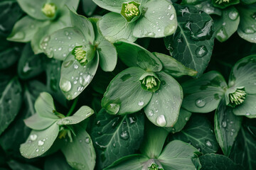 Fresh Raindrops on Lush Green Hellebores in Springtime Garden - obrazy, fototapety, plakaty