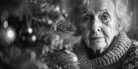 Senior lady enjoying festive tree, suitable for holiday themes