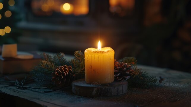 A simple yet cozy image of a lit candle on a wooden table. Perfect for adding warmth to any design project