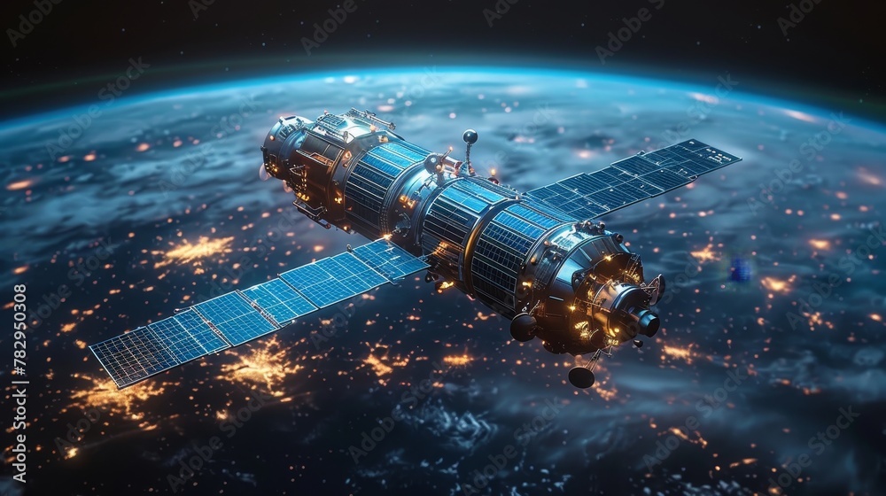 Poster An artificial satellite earth data transfer concept on the map of the world. Using wireless internet satellite technology to communicate. Global telecommunications abstract illustration.
