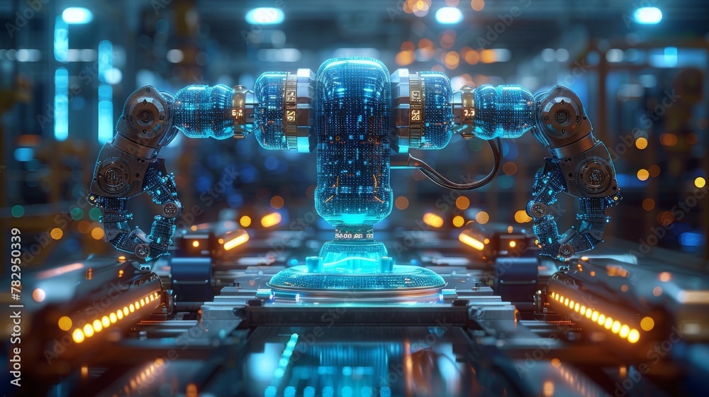 Fototapete Industry 4.0. Robots create neural networks on podium in virtual reality. Industrial Revolution. Concept of futuristic industry technology.