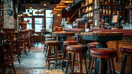 AI generated illustration of a bar with stools and tables with a tiled floor