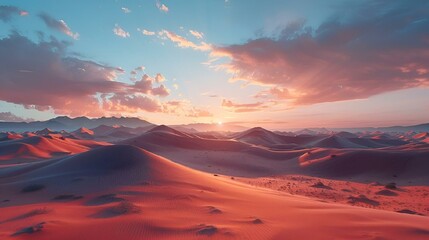 AI generated illustration of a desert landscape with sand dunes and cloudy sunset sky - obrazy, fototapety, plakaty
