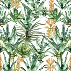 Tropical Aloe and Palm Watercolor Pattern for Textile Design