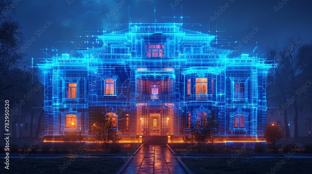 Poster Design of building concept. Designing autonomous system for smart building. Designing communications for the house. Designing apartment house project. Architectural drawing, blueprint for the facade.