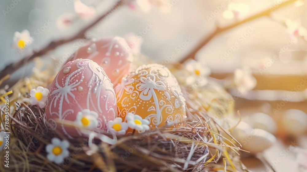 Aufkleber a nest filled with eggs and flowers on a table. suitable for spring and easter themes