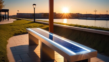 An eco-friendly solar-powered public bench glows warmly at sunset along a peaceful riverside walkway.. AI Generation