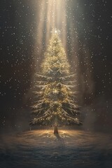 A Christmas tree standing in a snow-covered field. Perfect for holiday designs - obrazy, fototapety, plakaty
