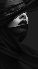 Portrait of a beautiful girl in a black veil, Black and white photo