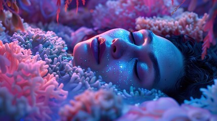 Dreamy Girl Sleeping in a Magical Flower Bed - obrazy, fototapety, plakaty