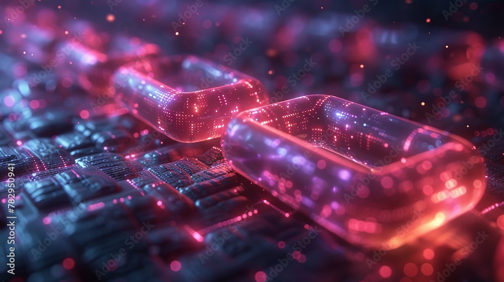 Poster Blockchain technology with digital cubes connected to the network. Data blocks in cyberspace. Conceptual background with isometric computer graphics. Abstract illustration of blockchain network.