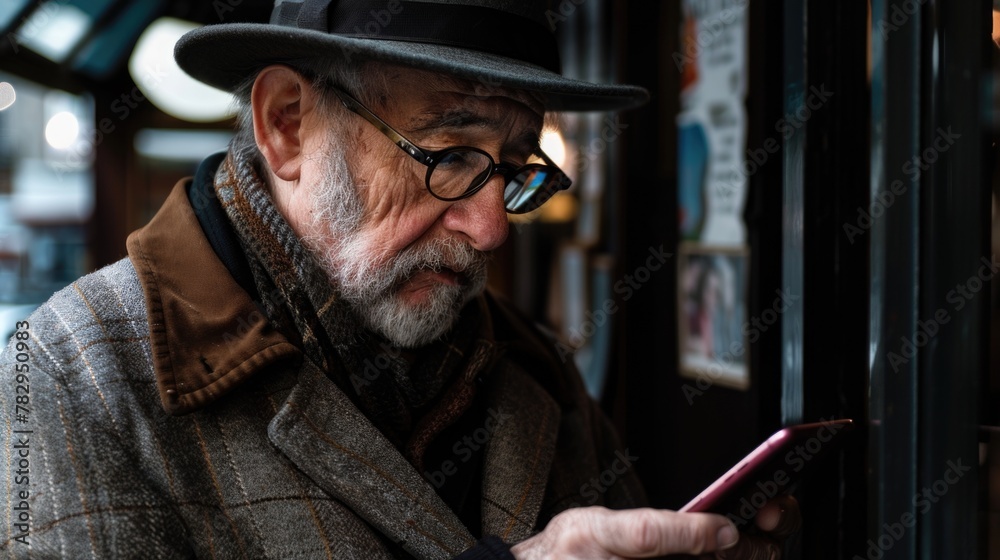 Poster a man in a hat looking at his cell phone. suitable for technology concepts