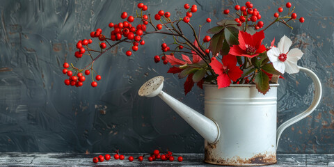 Rustic Holiday Still Life with Red Berries and White Watering Can - obrazy, fototapety, plakaty
