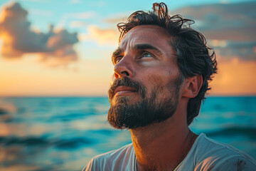 Serene Sunset Contemplation: Bearded Man Enjoying Seaside Dusk