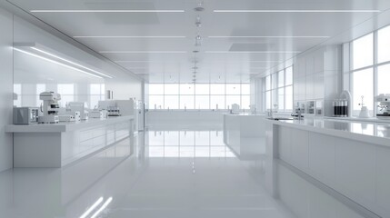 Design of a white laboratory white room for education, science industry background. 3D rendering.