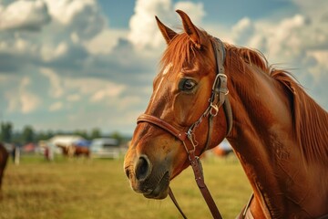 Brown Horse Portrait at Summer Western Horse Show - Stunning Equestrian Animal Competing In Fast Horse Event - obrazy, fototapety, plakaty
