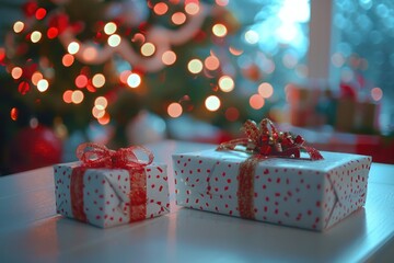 Two wrapped presents in front of a Christmas tree, perfect for holiday concepts