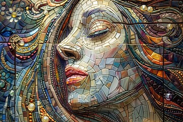 AI generated illustration of a creative mosaic portrait of a woman adorned with unique hair