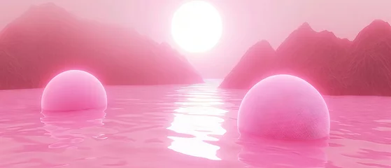 Foto op Plexiglas Surreal Pink Landscape with Spherical Objects and Sun Reflection © smth.design