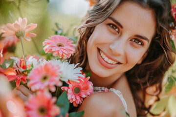 A beautiful woman holding flowers and smiling happily